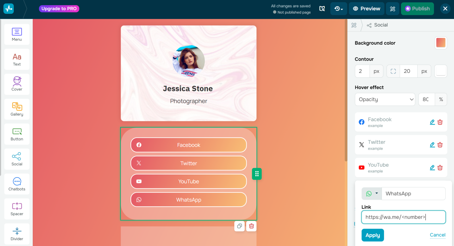 pulsante WhatsApp nel builder di link in bio