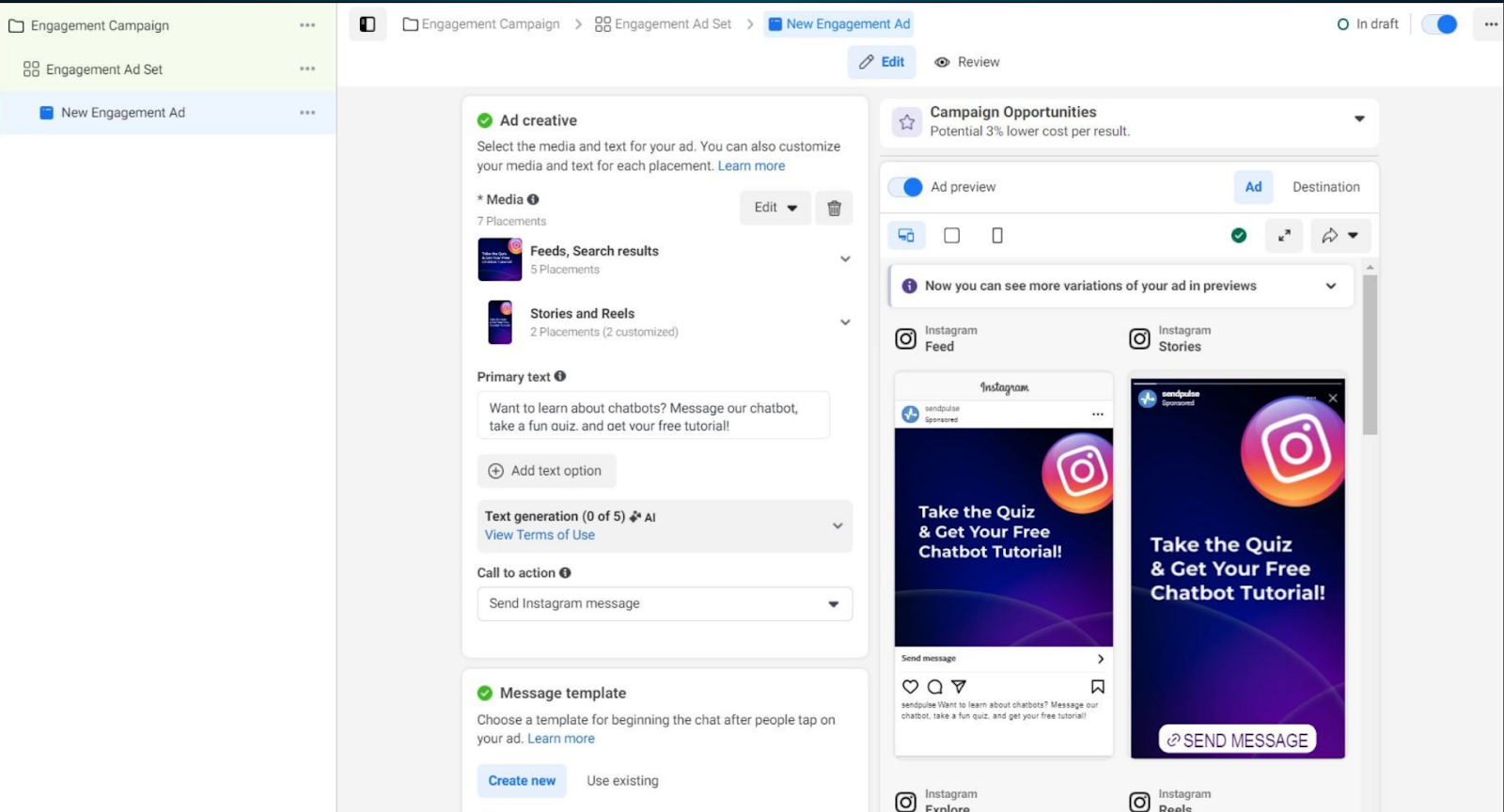 Captura de pantalla sobre le adición de contenido a una campaña de publicidad 