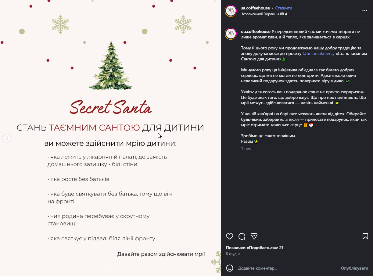 Різдвяна благодійна ініціатива від UA coffee house