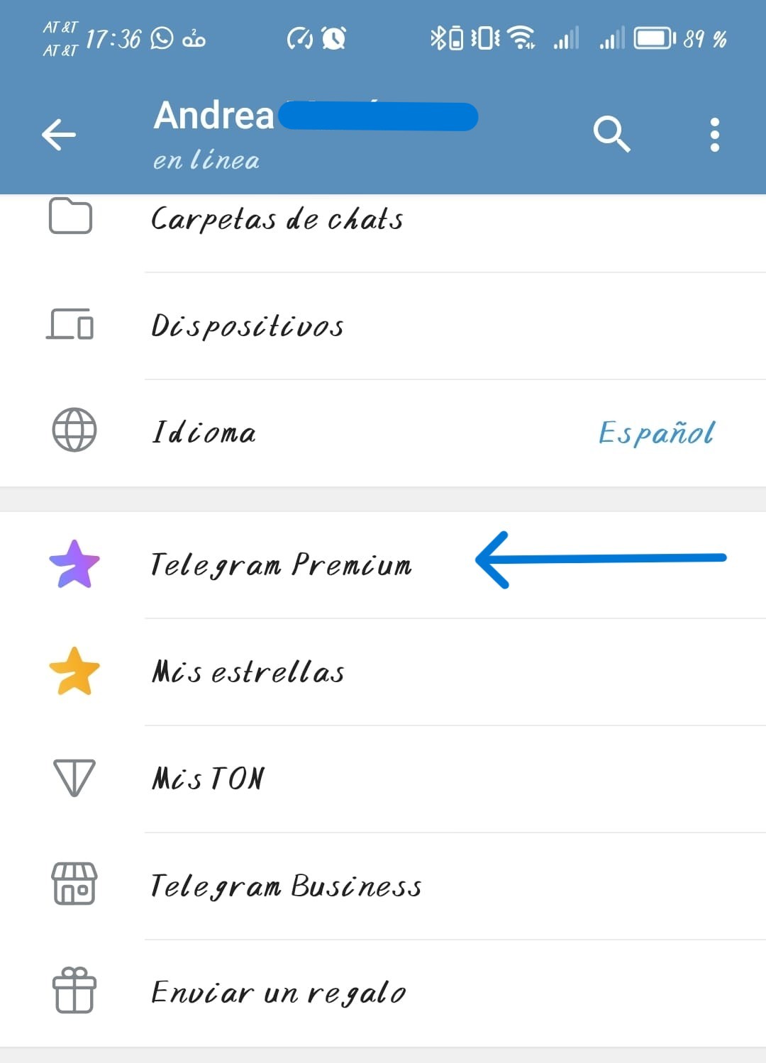 Sección para cambiar a Telegram de pago desde la app oficial