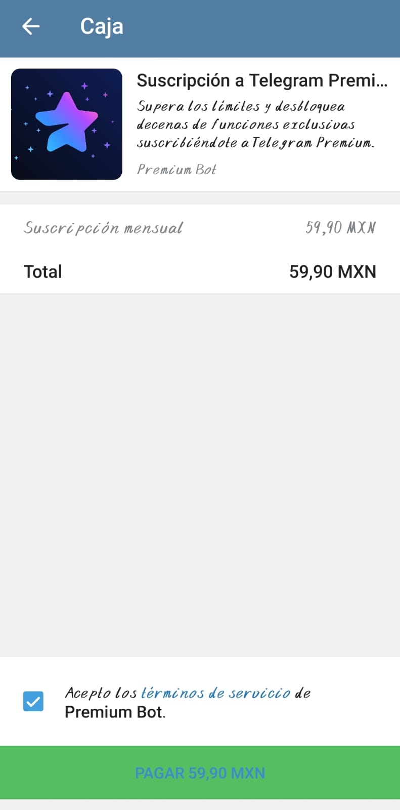 Seccón de pago desde la app oficial de Telegram