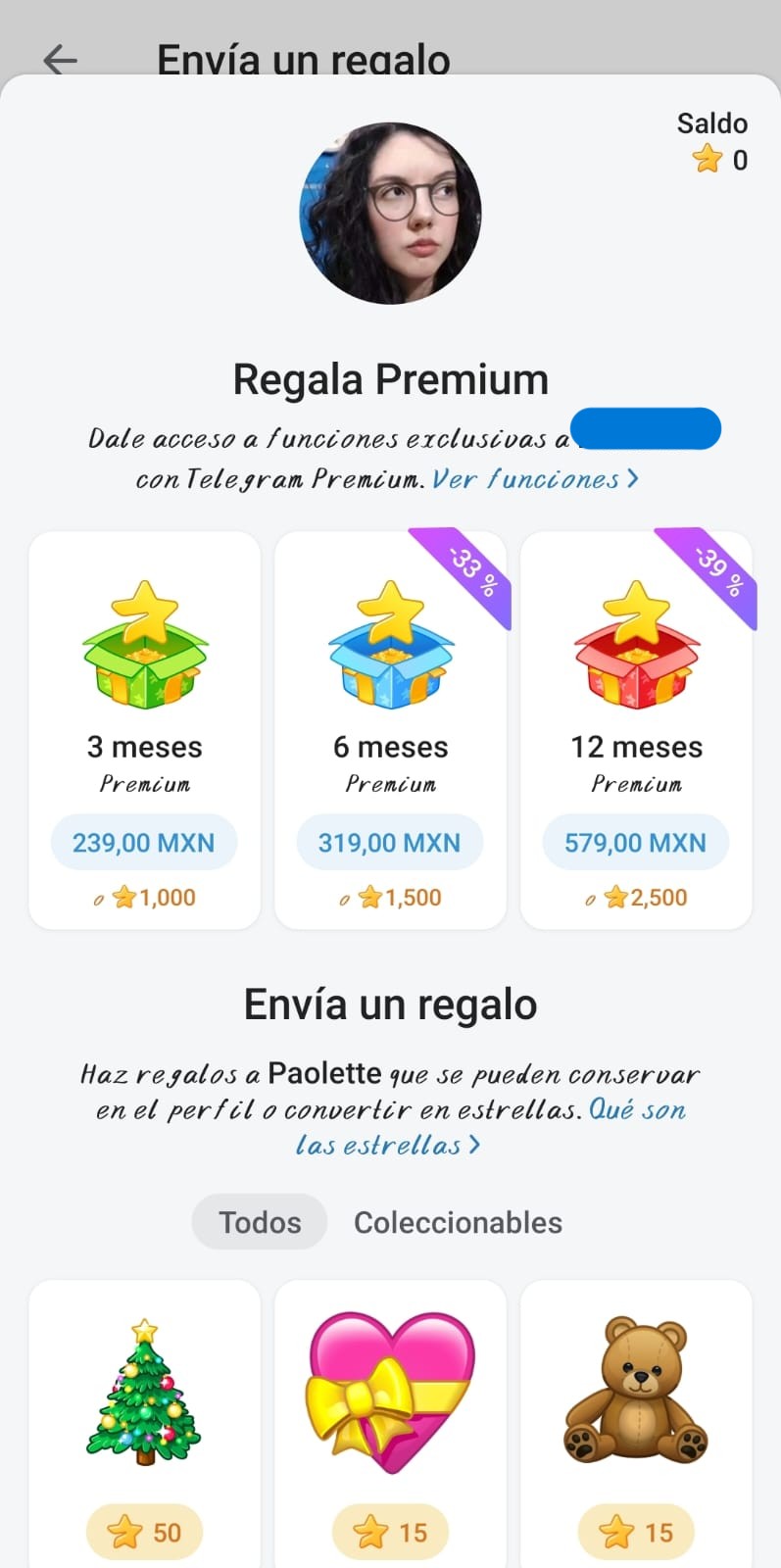 Opción para regalar Telegram de pago