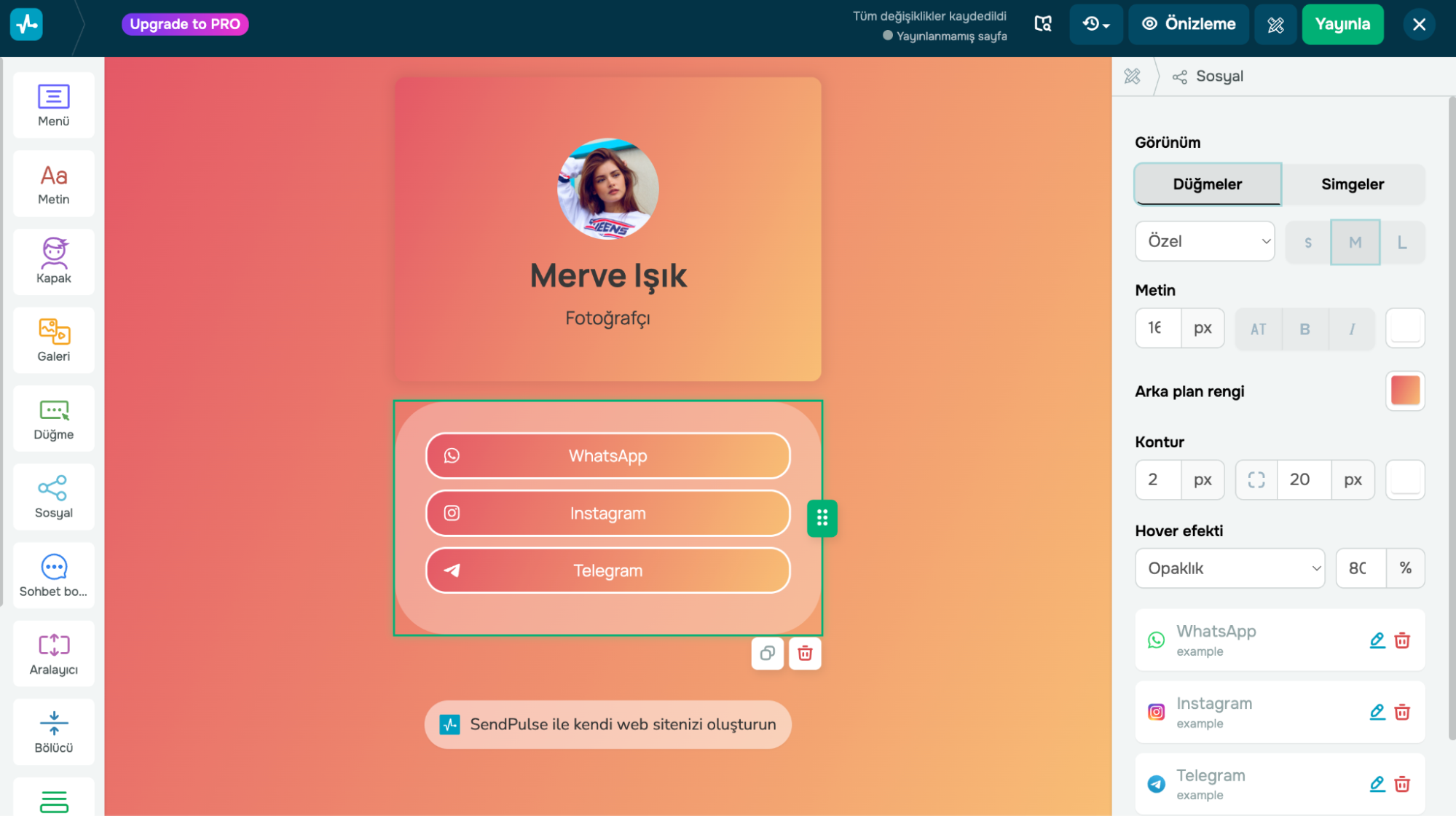 SendPulse bio link oluşturucuda WhatsApp butonu ekleme