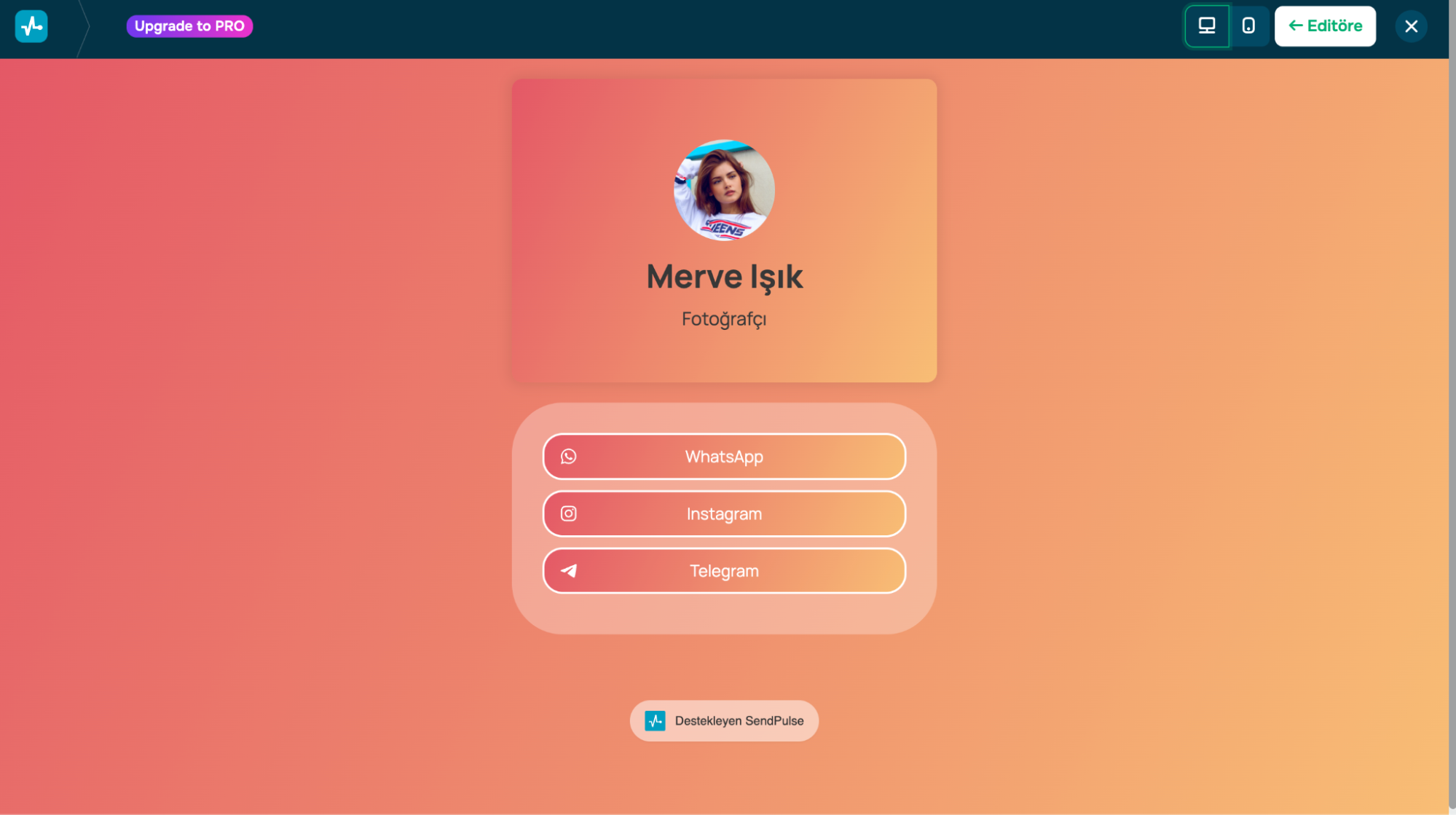 SendPulse biyo link oluşturucusunda önizleme modu