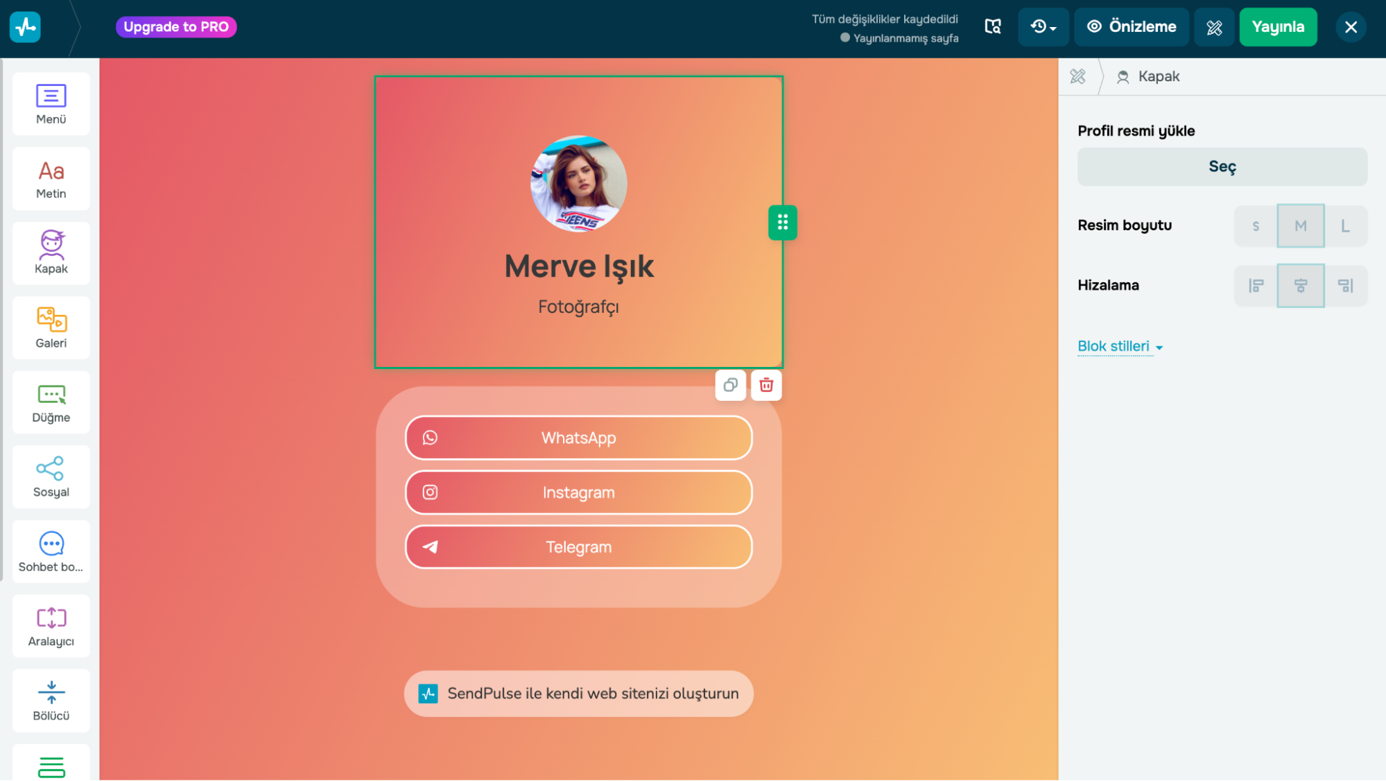 SendPulse’un bio link oluşturucu arayüzü