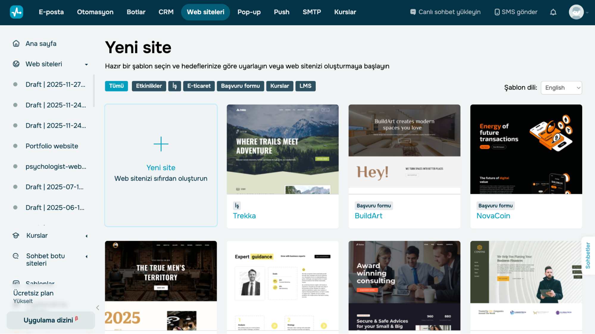 SendPulse bio link oluşturucuda yeni bir web sitesi oluşturma