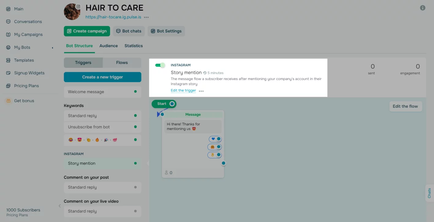 SendPulse permite automatizar respuestas relevantes a personas que mencionan tu cuenta en sus historias