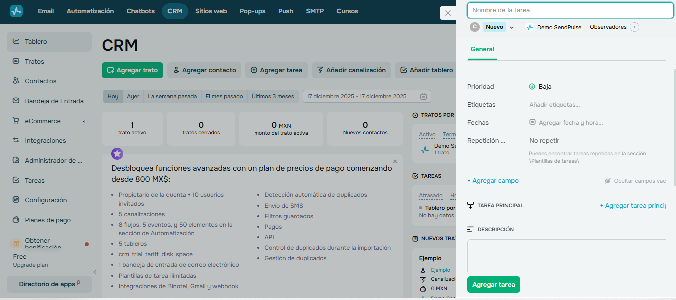 CRM de SendPulse ayuda a gestionar las interacciones, para que los equipos de ventas los atiendan de la mejor manera