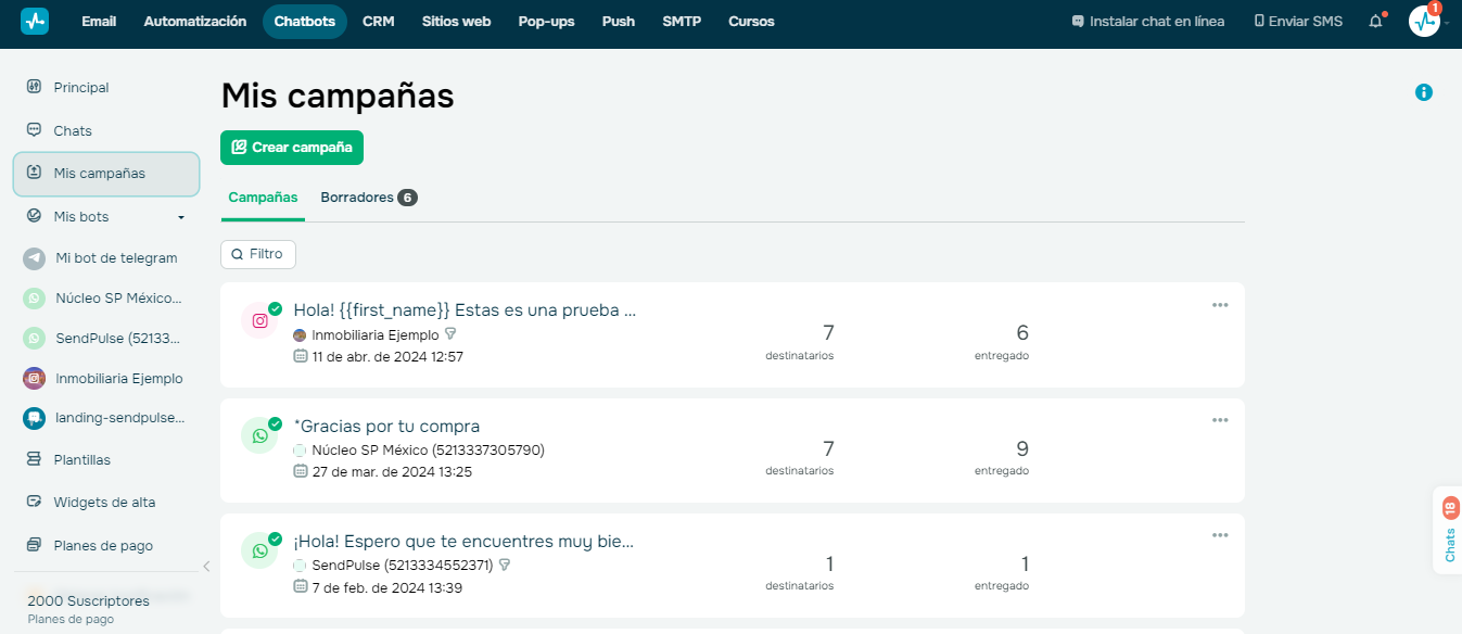 Interfaz de SendPulse para ver las campañas de chatbots