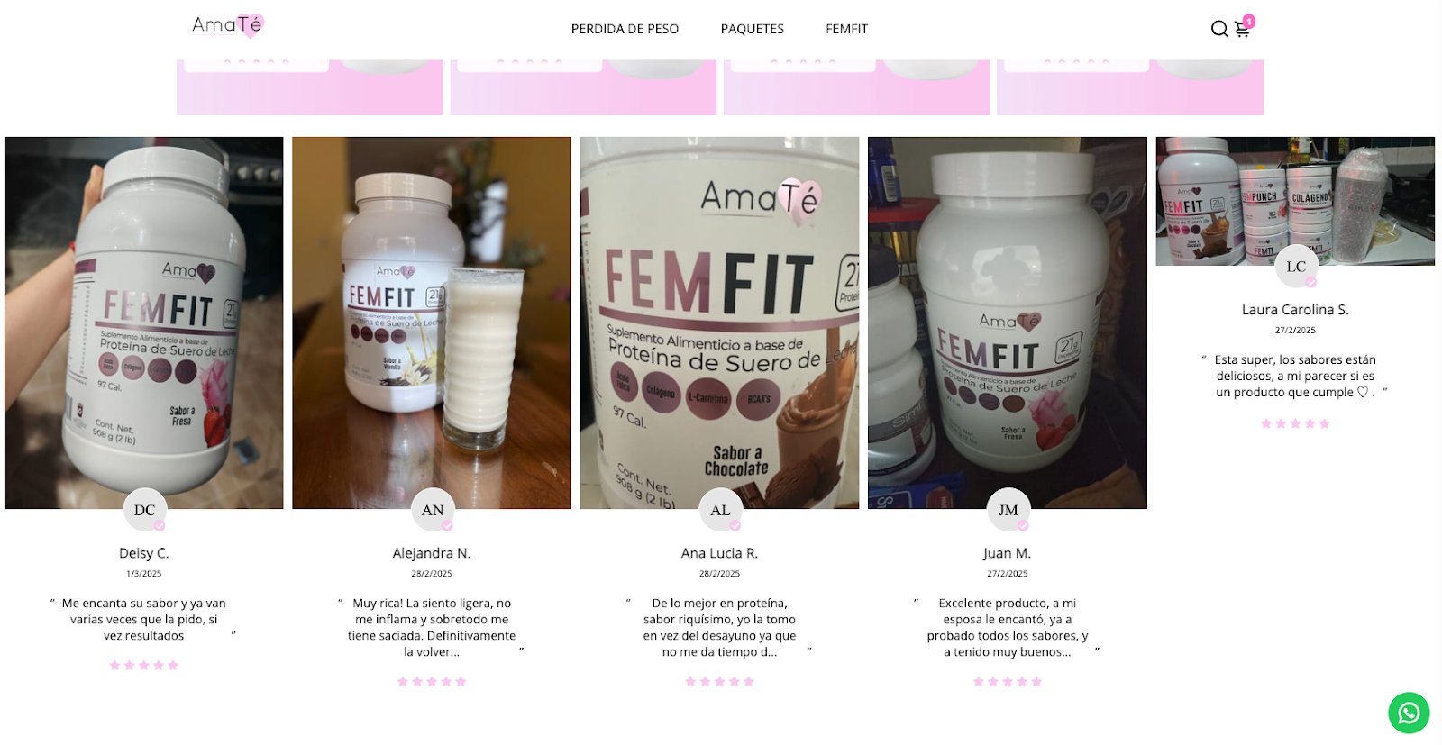 Ejemplo de los testimonios de clientes mostrados en la página de inicio de una tienda en línea