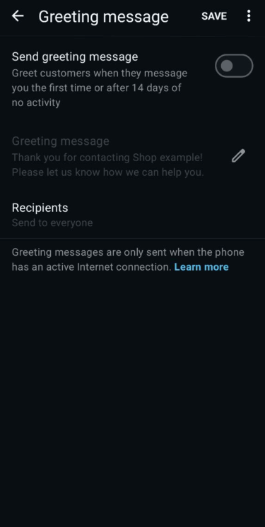WhatsApp Business uygulamasındaki karşılama mesajı