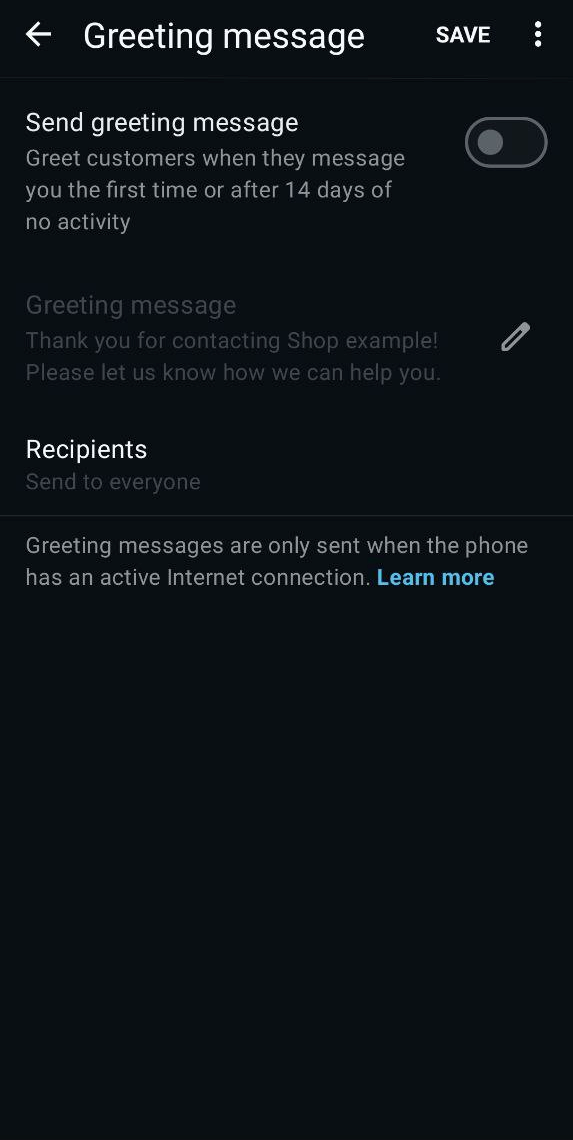 Greeting message WhatsApp Business app