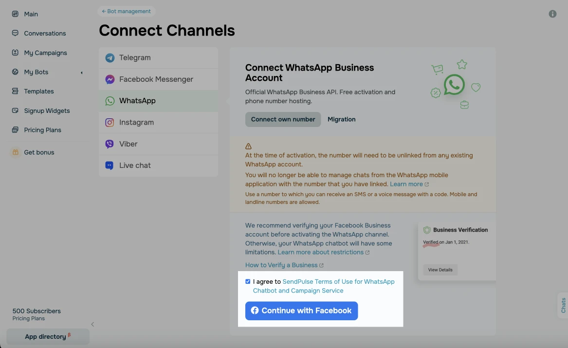 SendPulse’ta WhatsApp Business hesabını bağlama
