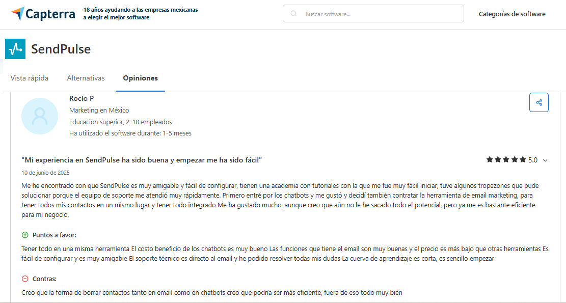 Ejemplo de una reseña de SendPulse en Capterra