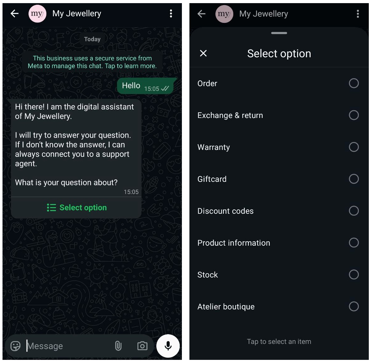 My Jewellery’nin WhatsApp karşılama mesajı