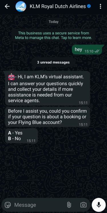 KLM’nin WhatsApp karşılama mesajı
