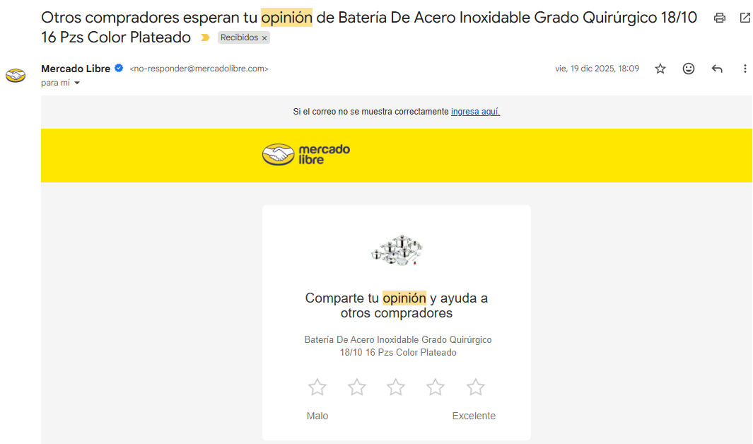 Ejemplo de un correo de encuesta para recopilar testimonios de clientes