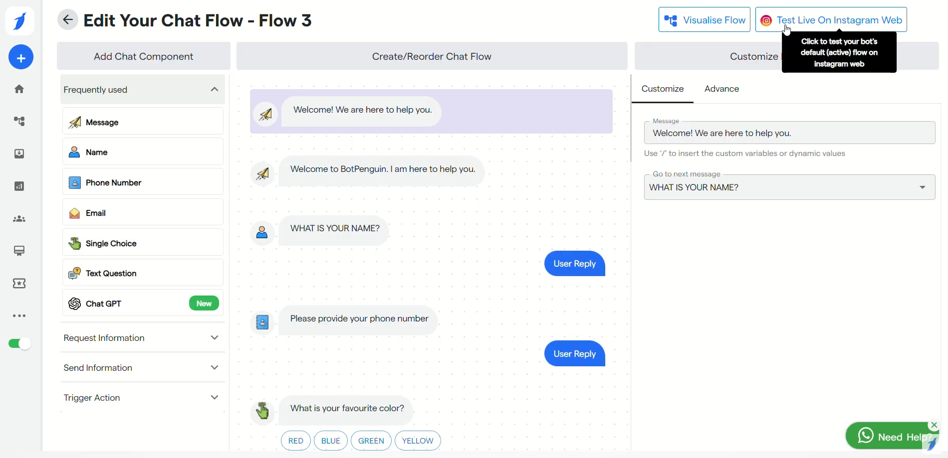 nouveau flux de chatbot pour Instagram