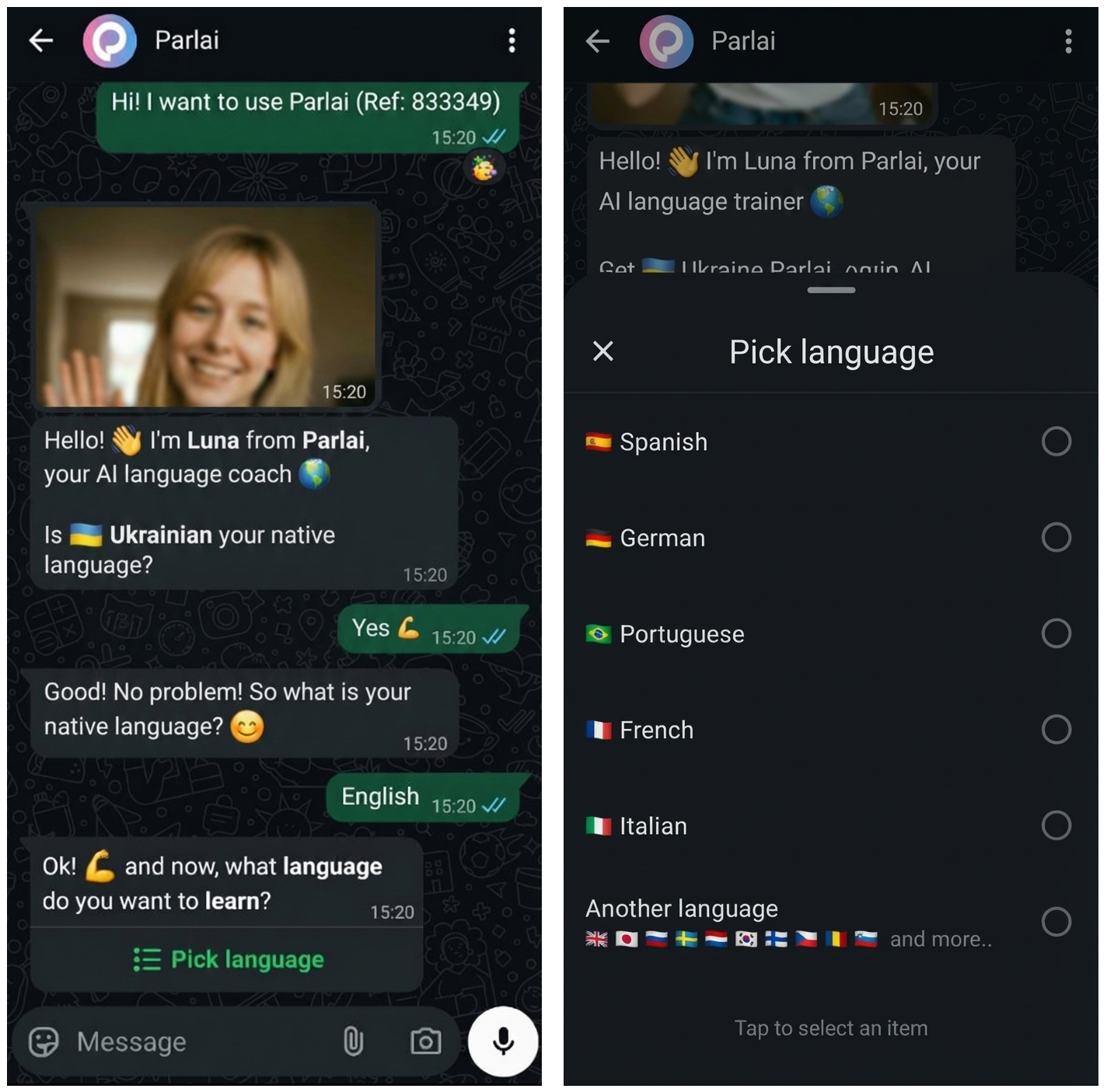 Parlai’nin WhatsApp karşılama akışı