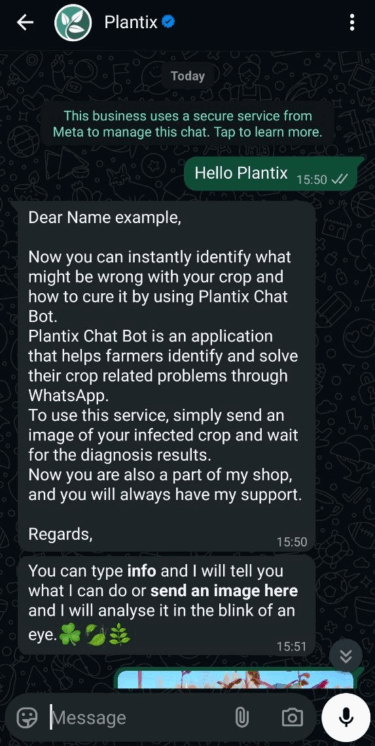 Plantix’in WhatsApp’ta müşteriler için karşılama mesajı