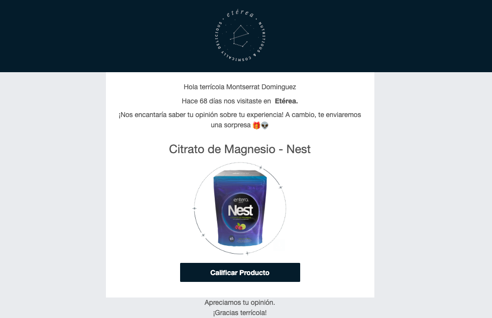Ejemplo de un correo ofreciendo una sorpresa por una reseña del prodcuto comprado