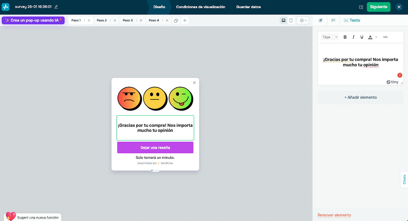 Interfaz del creador de encuestas de SendPulse para recopilar testimonios de clientes