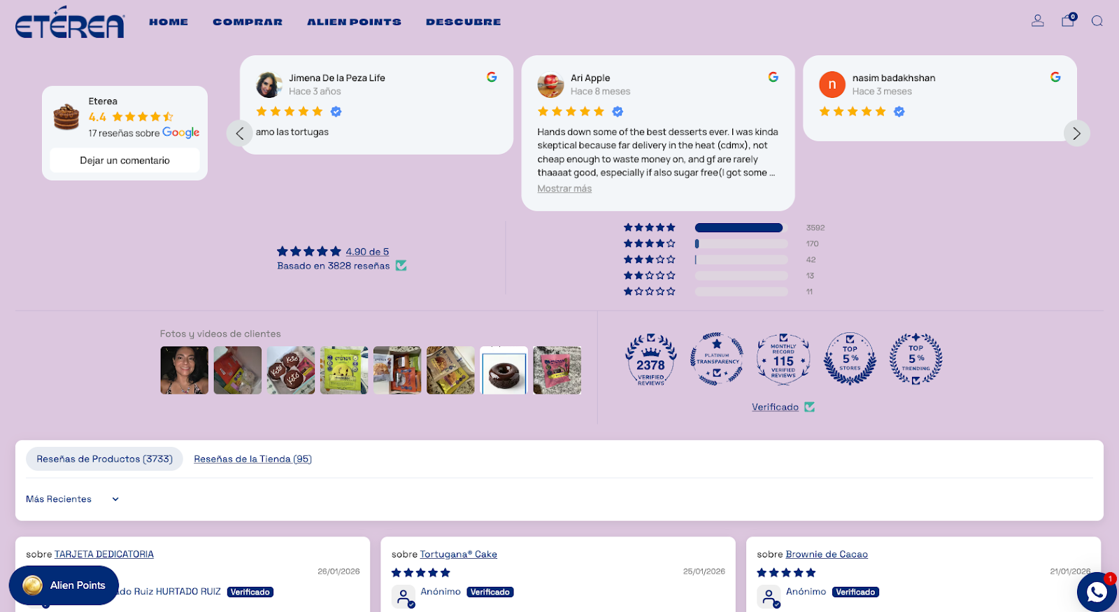 Muestra de una página dedicada a las reseñas de productos de una tienda en línea