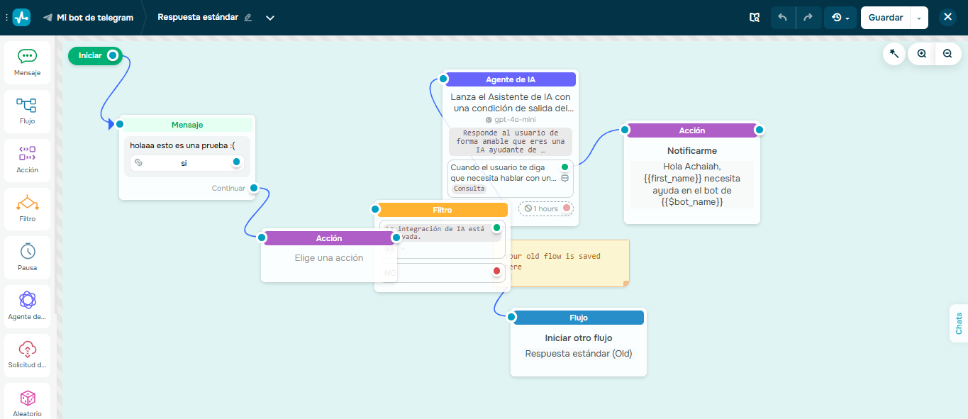Flujo de conversación creado con el editor de arrastrar y soltar