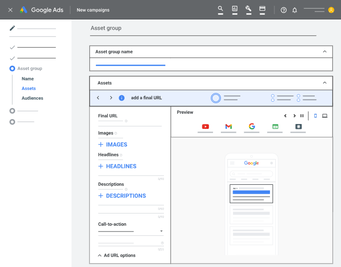 Ejemplificación de sección para crear anuncios con Google Ads