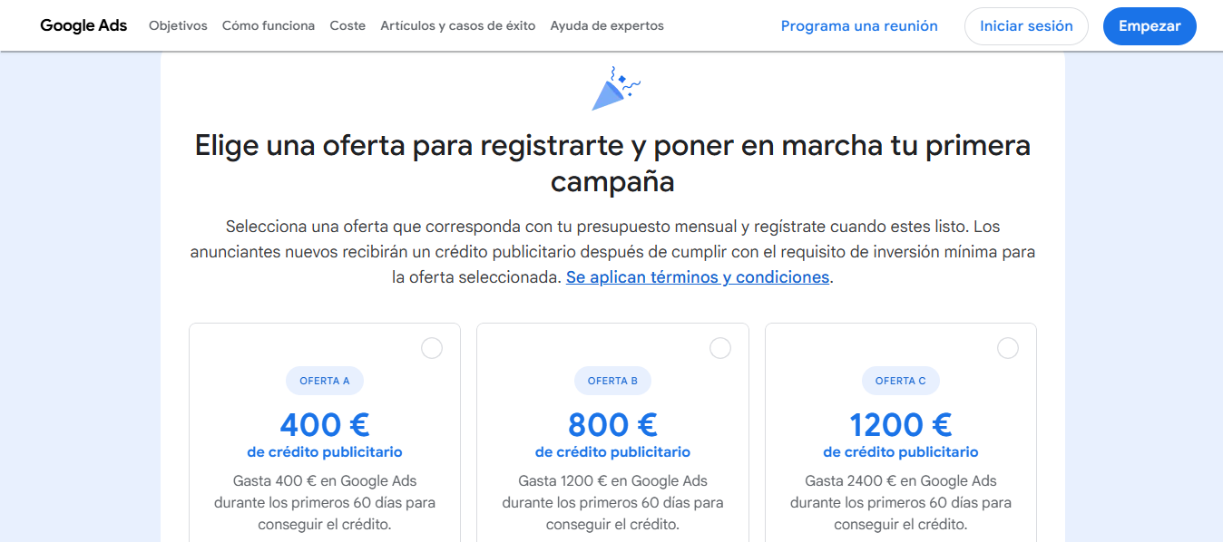 Ofertas al registrarse en Google Ads