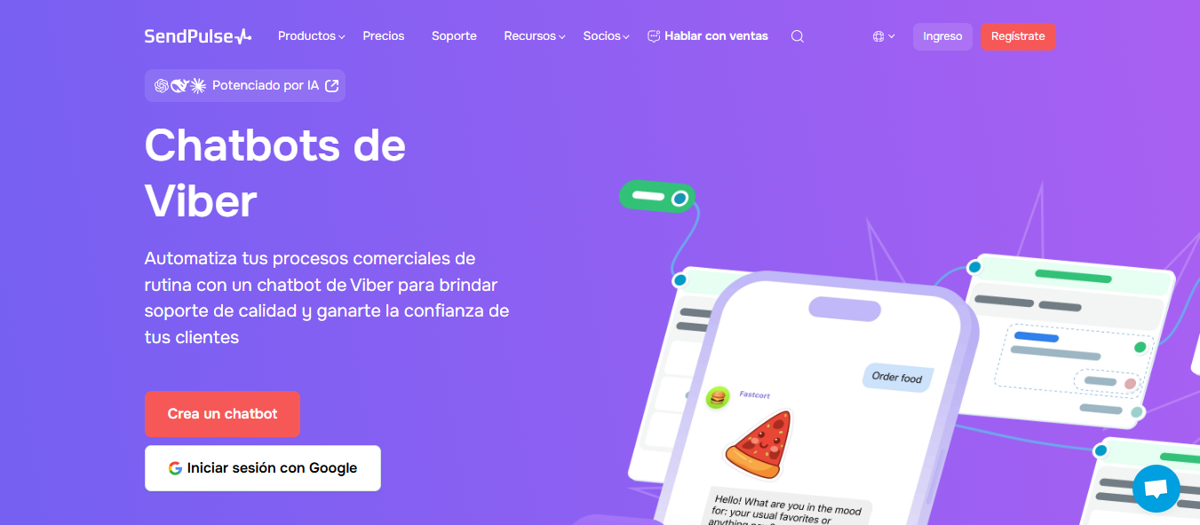 Sitio de SendPulse muestra su chatbot de Viber