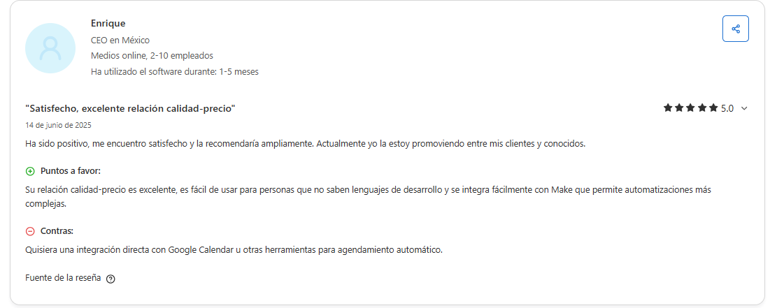 Opinión dejada en Capterra sobre SendPulse