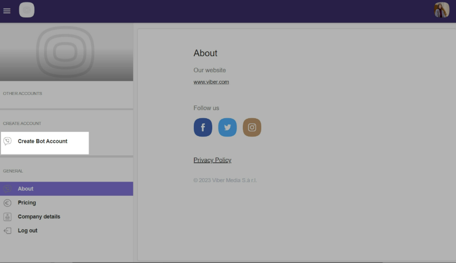 Sección en Viber para crear cuenta de bot