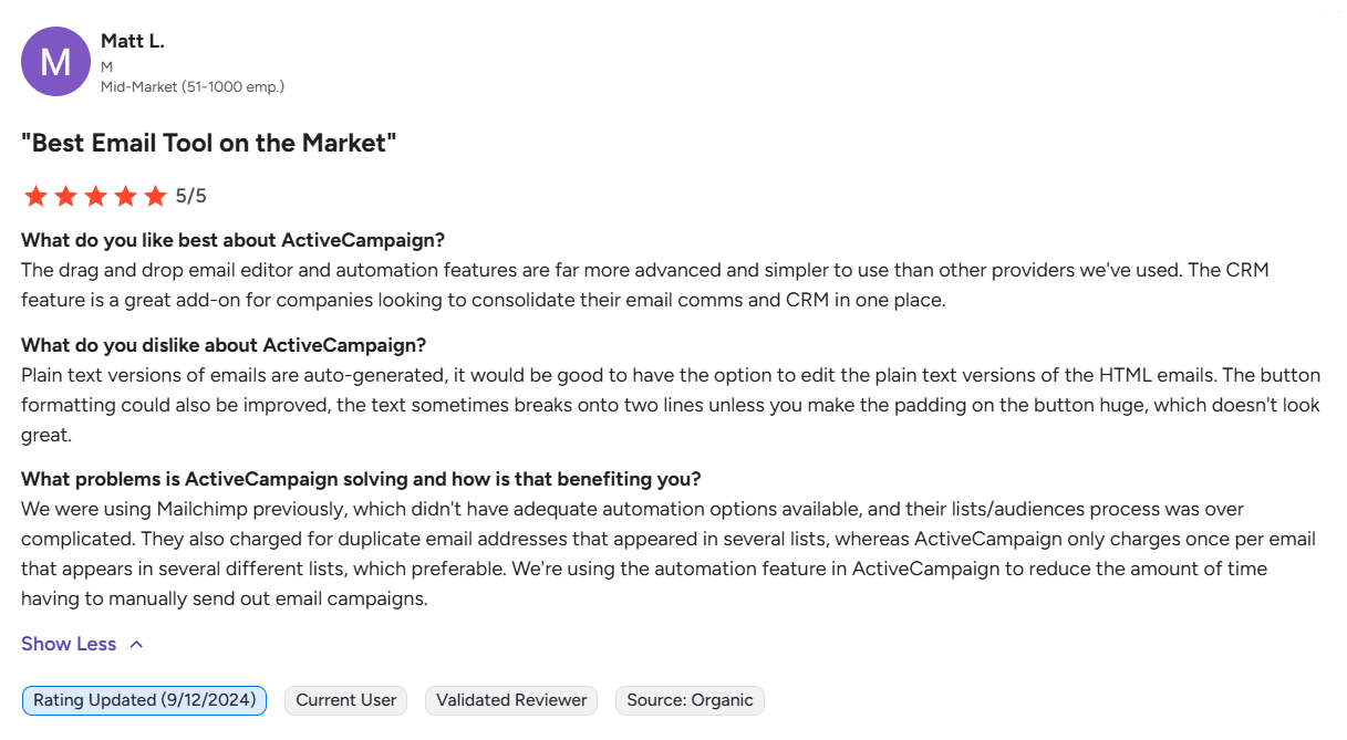 user's experience switching from Mailchimp to ActiveCampaign