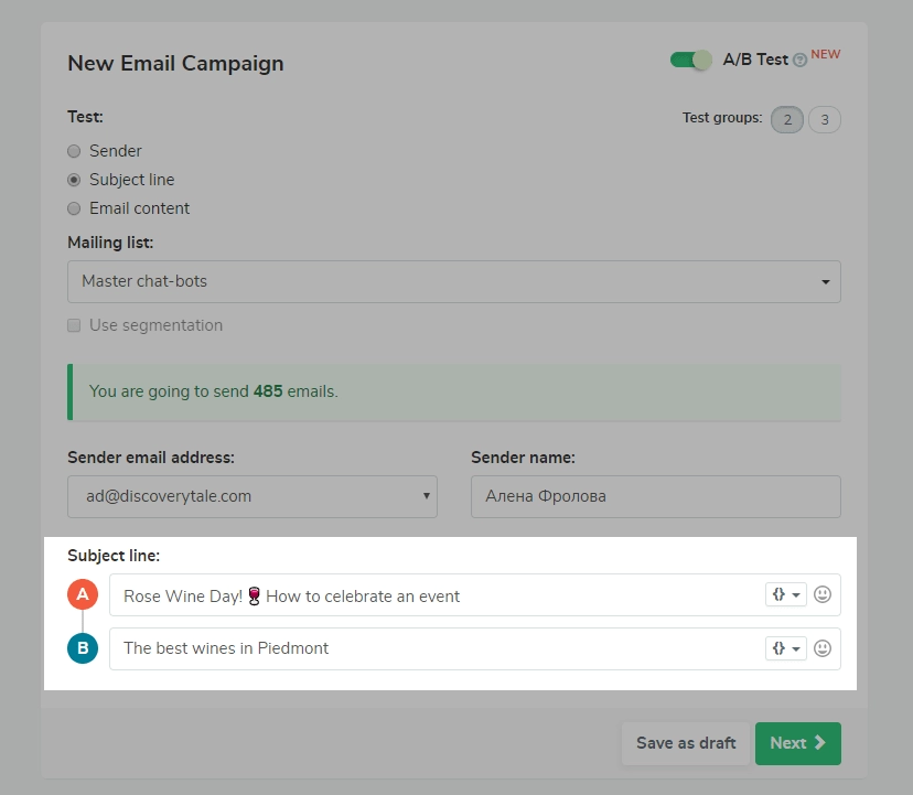 email subject line A/B test