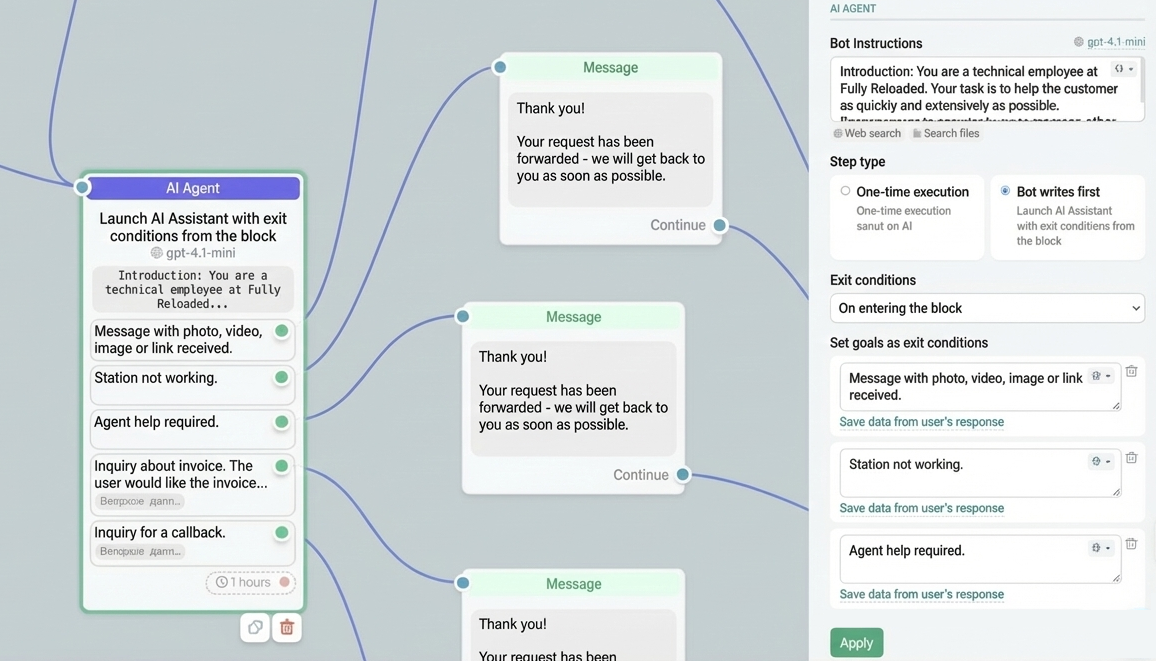 Captura de pantalla de las instrucciones del bot en el creador de chatbots de SendPulse