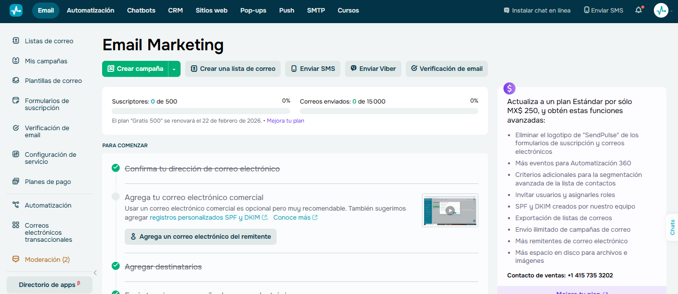 Email marketing de SendPulse para automatizar campañas por correo