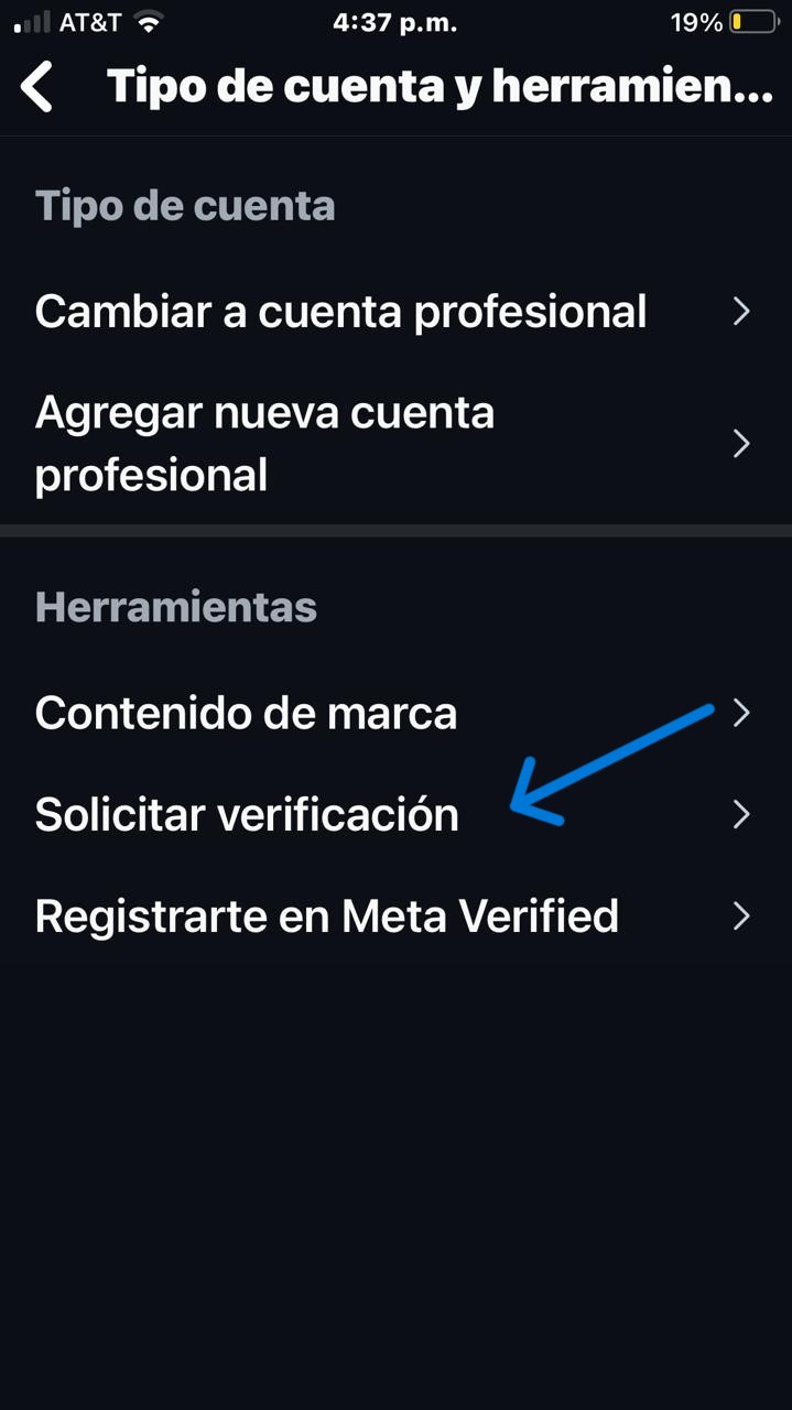 Sección solicitar verificación en Instagram