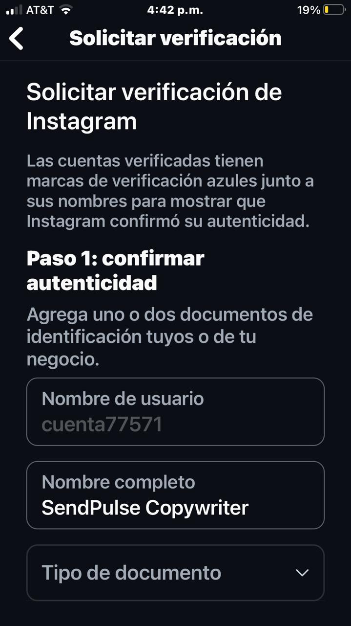 Sección para solicitar verificación