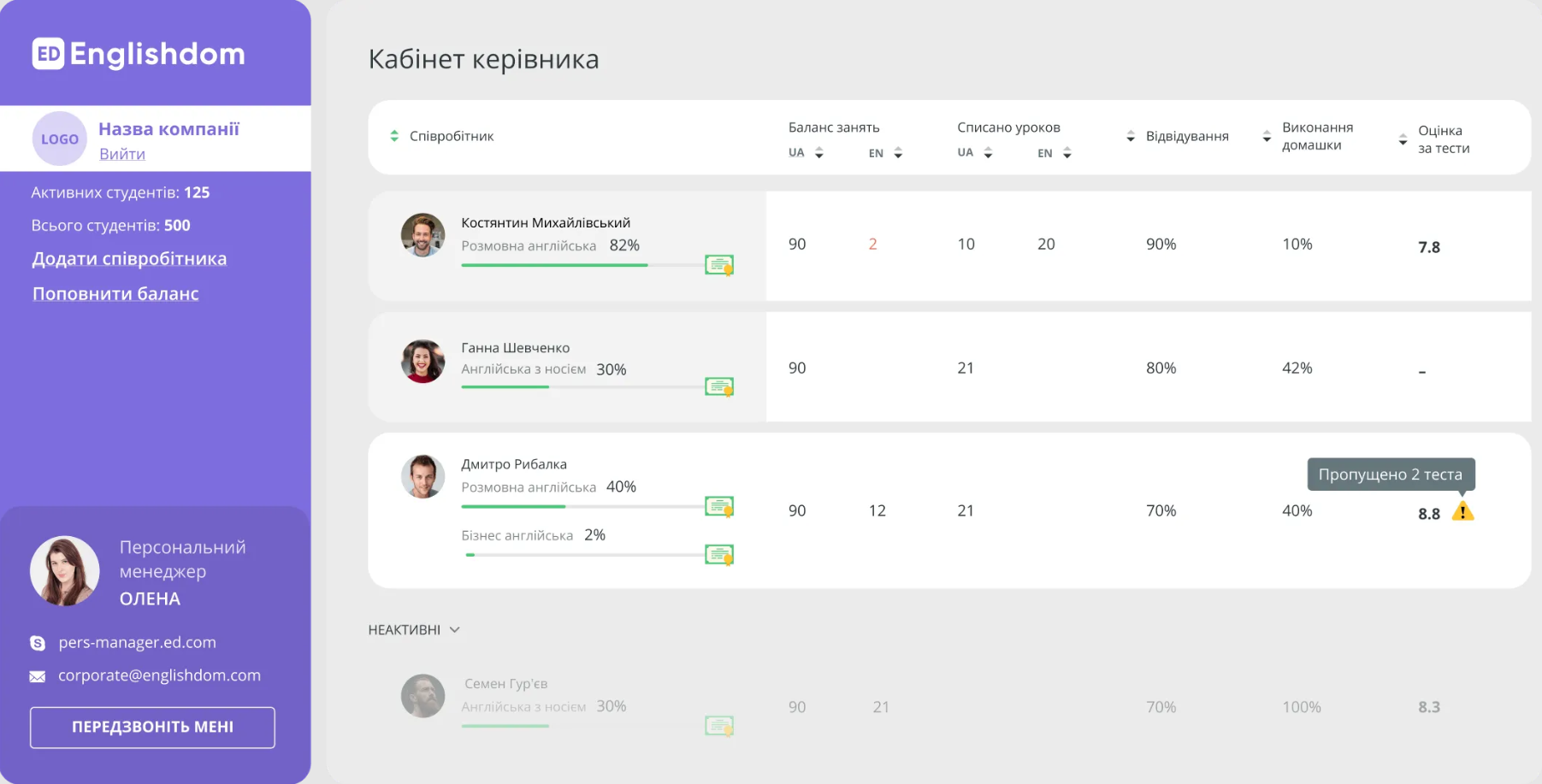Кабінет керівника для корпоративного навчання в онлайн-школі англійської Englishdom