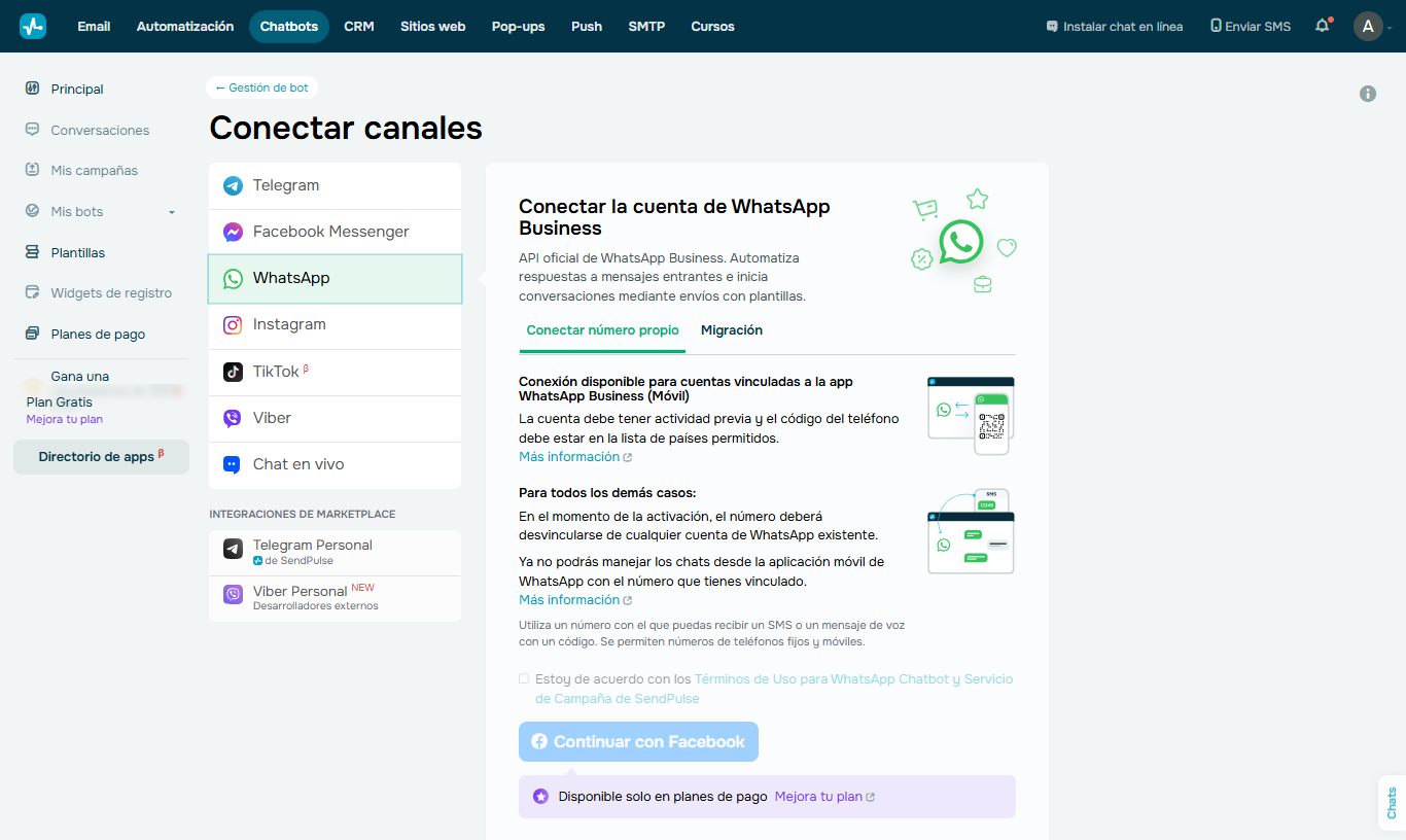 Conectar canales desde SendPulse