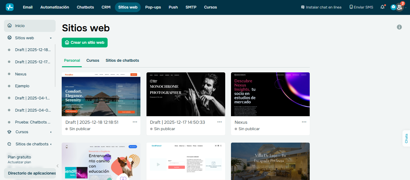 Creador de sitios web de SendPulse