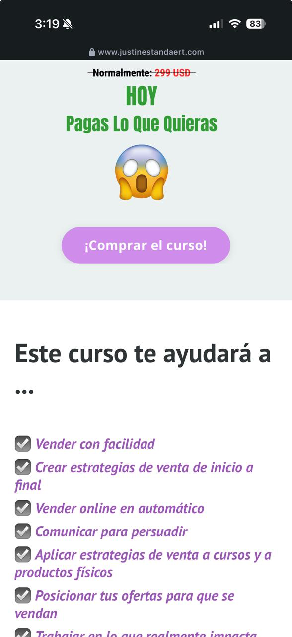 Página de un curso de negocios desde el perfil de una creadora en instagram