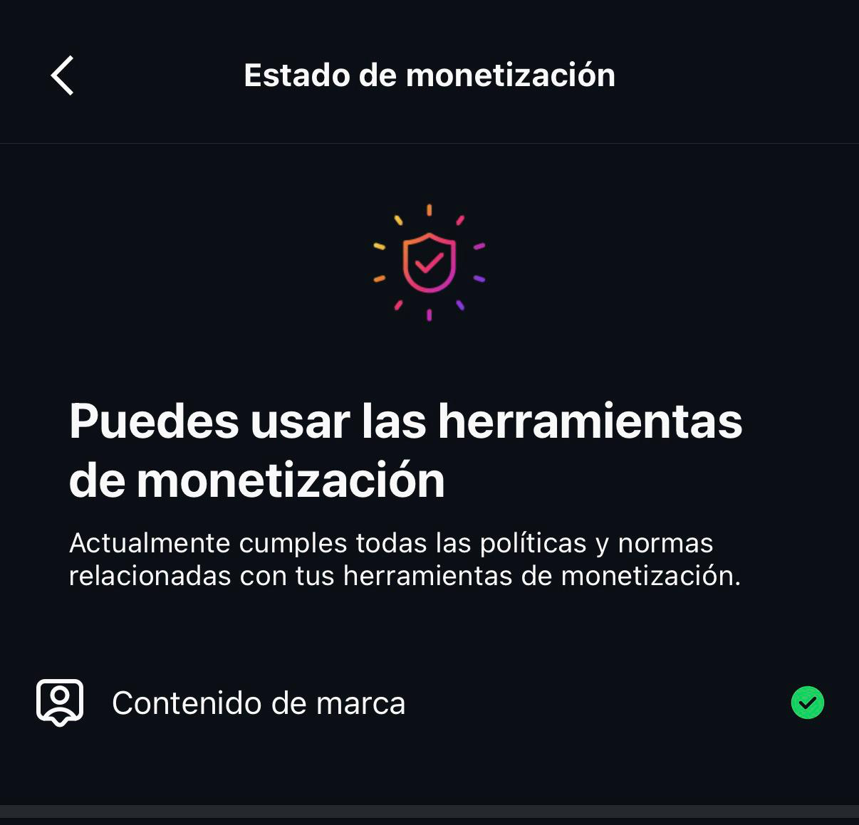 Captura de pantalla del estado de monetización de una cuenta comercial para comenzar a ganar dinero en Instagram