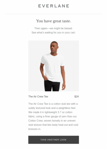 Everlane'in terk edilmiş sepet e-posta örneği