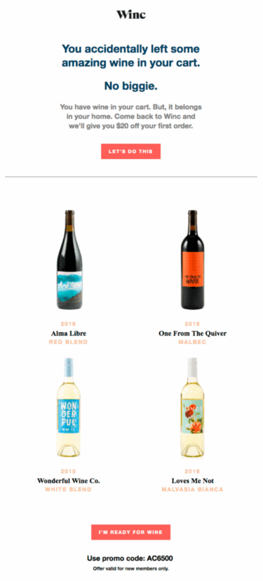 Winc'in terk edilmiş sepet e-posta örneği