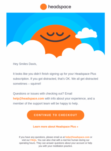 Headspace'in terk edilmiş sepet e-posta örneği;
