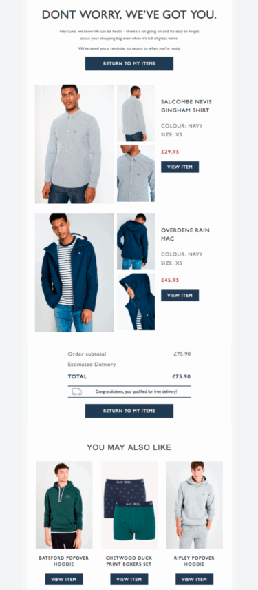 Jack Wills'in terk edilmiş sepet e-posta örneği