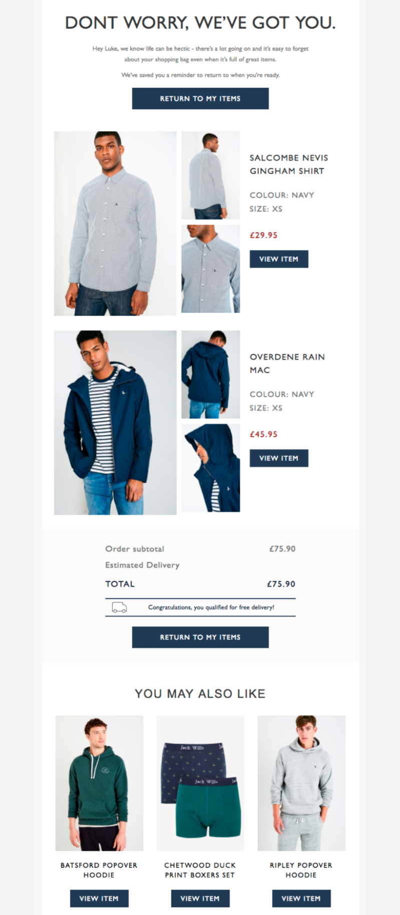 abandoned cart email example