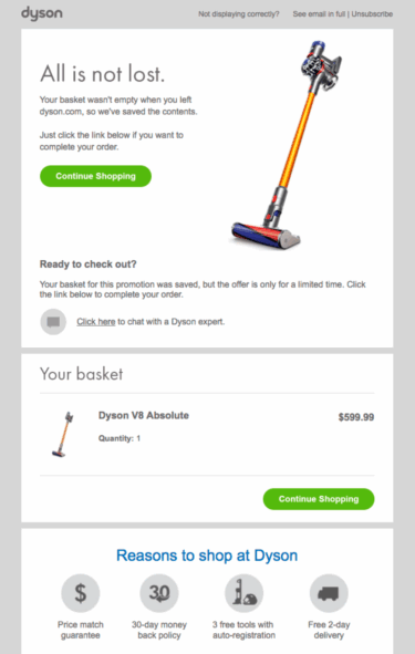 Dyson'ın terk edilmiş sepet e-posta örneği